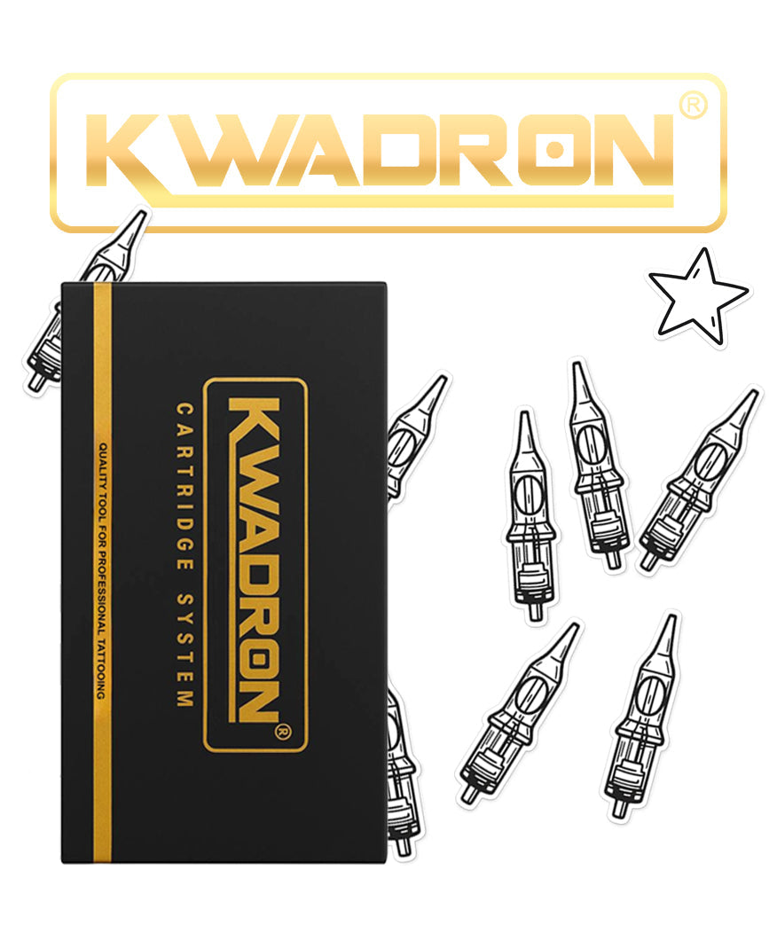 Kwadron tattoo cartridges collection with box and illustrated needle designs