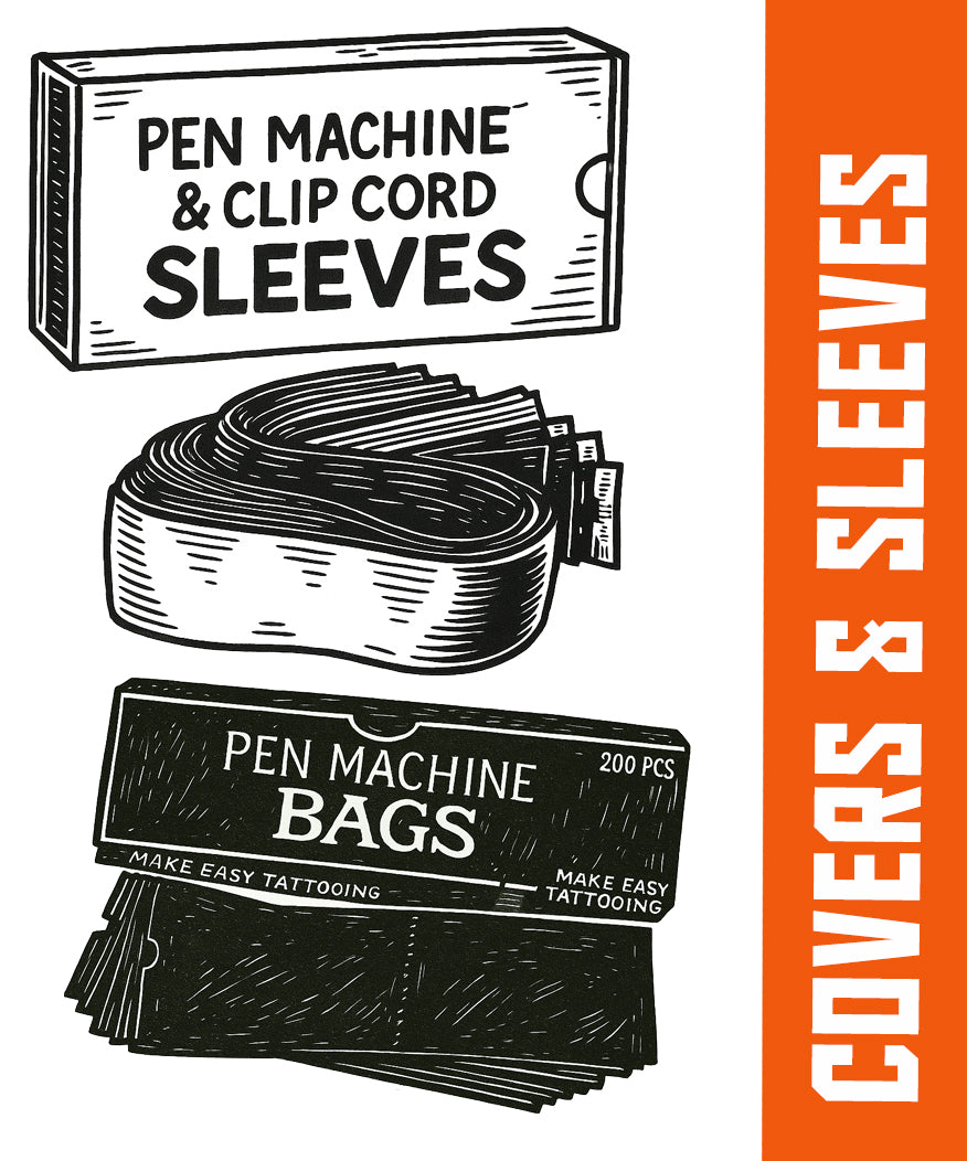 Illustration of tattoo pen machine sleeves and bags labeled "Pen Machine & Clip Cord Sleeves" and "Pen Machine Bags" with bold orange banner titled "Covers & Sleeve.