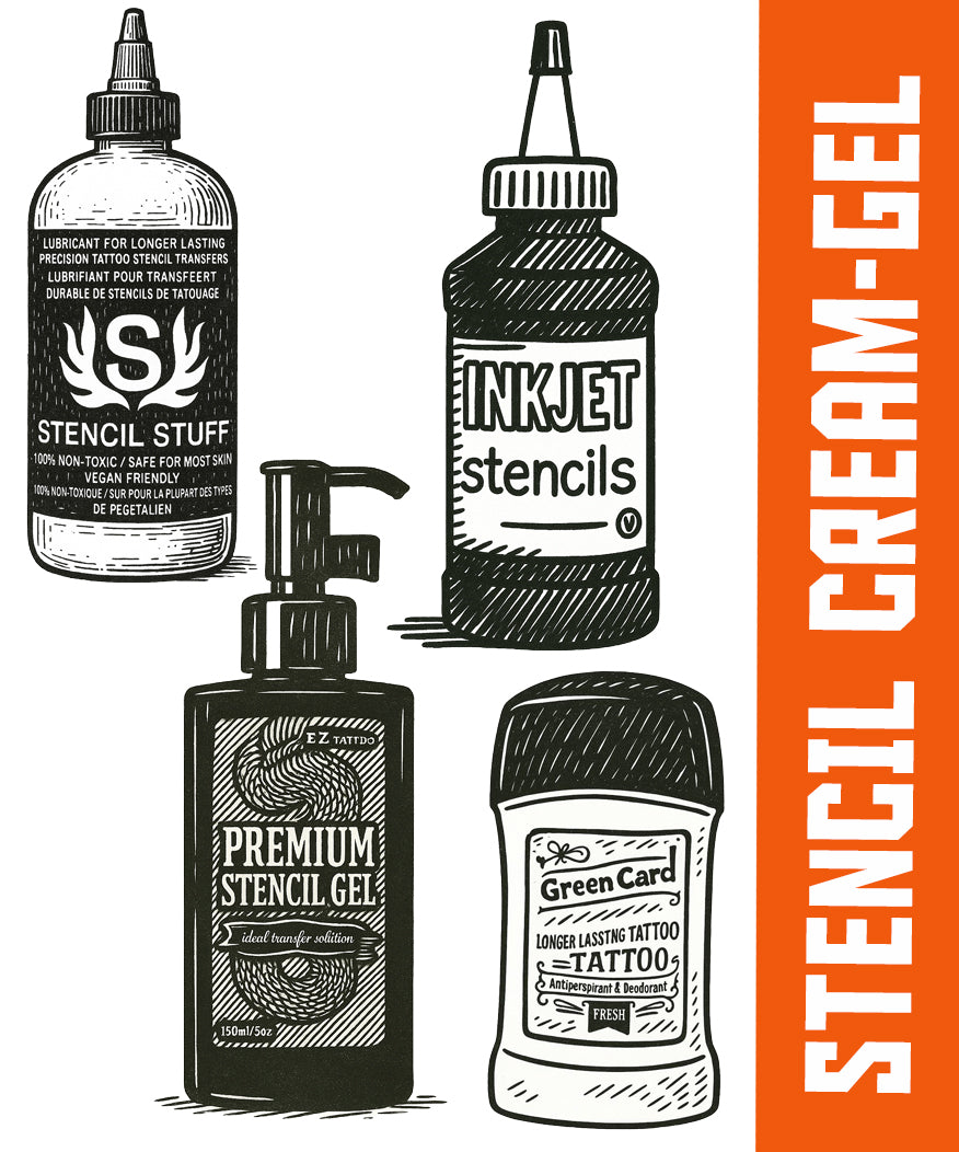 Assorted tattoo stencil gels and transfer creams including Electrum, InkJet Stencils, Premium Stencil Gel, and Spray Stuff for professional stencil application.