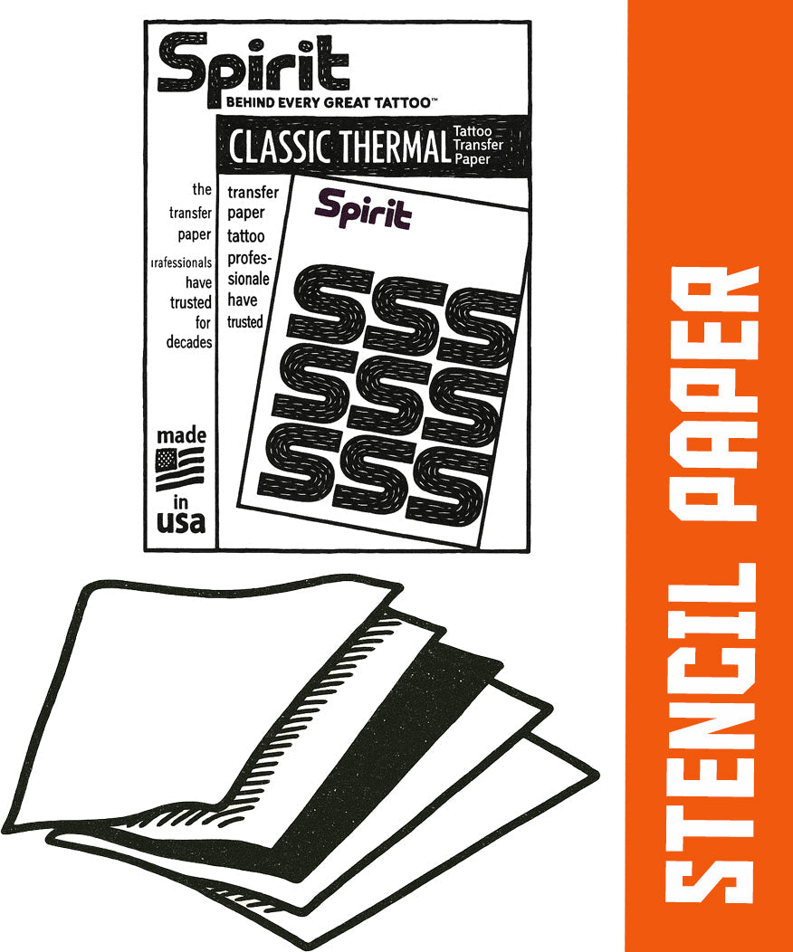 Spirit Classic Thermal and freehand tattoo stencil transfer papers stacked with blank stencil sheets for professional tattoo design prep.