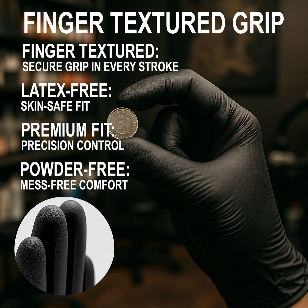 Black disposable nitrile tattoo gloves with finger textured grip – powder-free, latex-free gloves for precision and hygiene in professional tattooing.