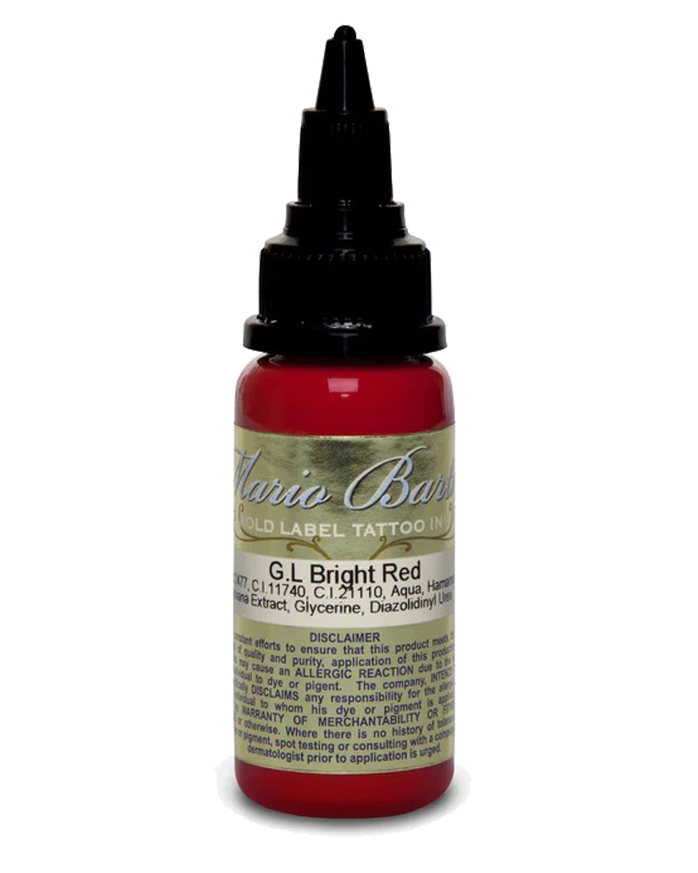 Bright Red Sterile Tattoo Ink bottle from Intenze Mario Barth Gold Label series – bold red color for professional tattoos.