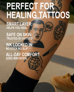 Tattoo aftercare bandage applied on leg – glossy COZ Tattoo Film second skin.
