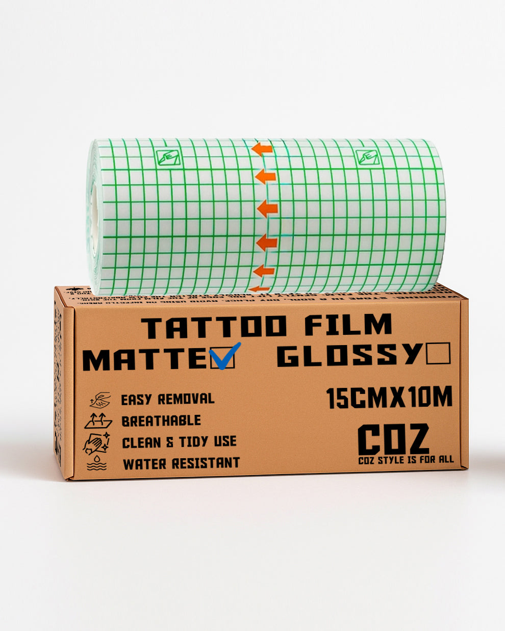 COZ matte tattoo film 15cm x 10m with blue check mark, breathable, waterproof, easy removal