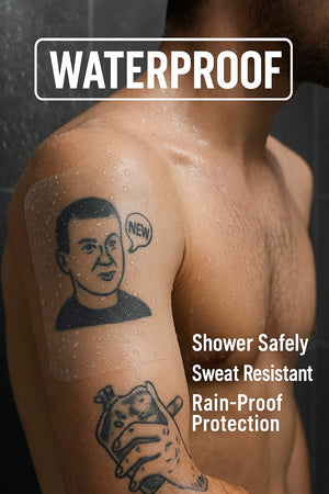 Tattoo Film waterproof protection during shower on shoulder tattoo.