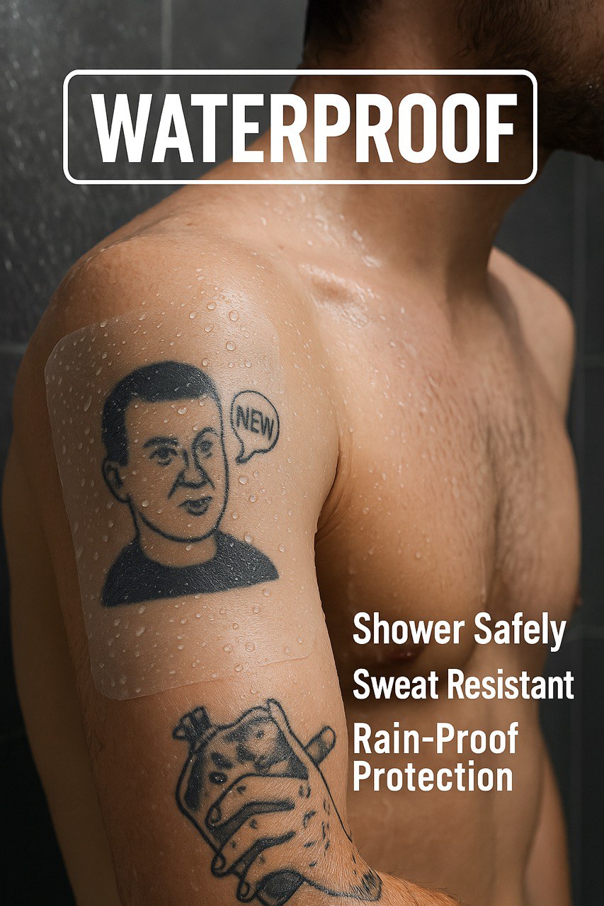 Tattoo Film waterproof protection during shower on shoulder tattoo.