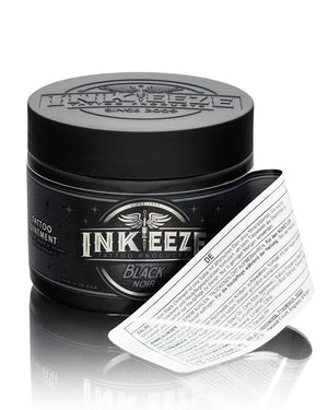INKEEZE Black Tattoo Ointment 150g with peeled label by COZ Tattoo Supplies Canada, pro tattoo aftercare balm showing ingredients and packaging