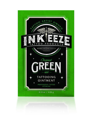 INK-EEZE Green Tattoo Ointment 5ml Sachet by COZ Tattoo Supplies Canada — vegan tattoo aftercare sample for soothing and healing fresh tattoos