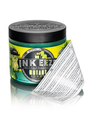INK-EEZE Mutant Serum Green Tattoo Ointment 16oz with peeled label by COZ Tattoo Supplies Canada, showing product ingredients and packaging