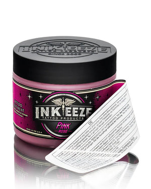 INKEEZE Pink Tattoo Ointment 150g with peeled label by COZ Tattoo Supplies Canada, premium tattoo aftercare balm showing ingredients and packaging