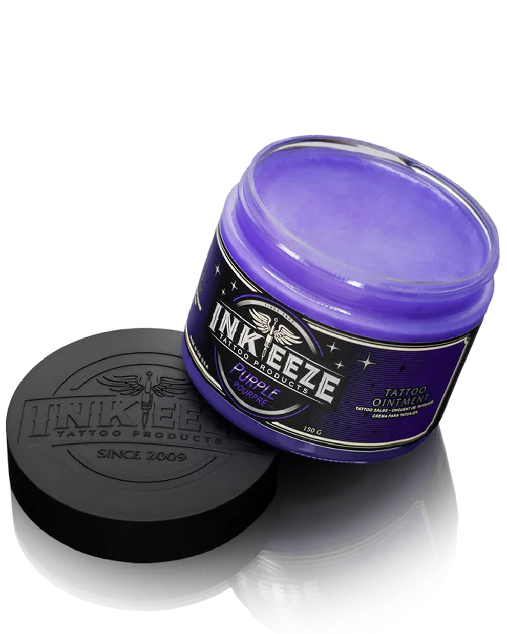 Open jar of INKEEZE Purple Tattoo Ointment 150g by COZ Tattoo Supplies Canada, natural botanical tattoo aftercare balm showing texture