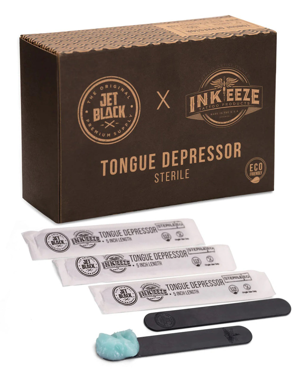 Jet Black and INKEEZE sterile tongue depressors with eco friendly box by COZ Tattoo Supplies Canada, premium wooden applicator sticks for tattoo use