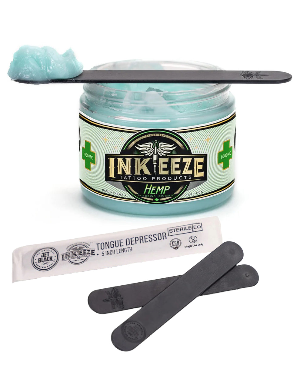 Jet Black and INKEEZE sterile tongue depressors with INKEEZE Hemp Tattoo Ointment by COZ Tattoo Supplies Canada, eco friendly wooden applicator sticks for tattoo use
