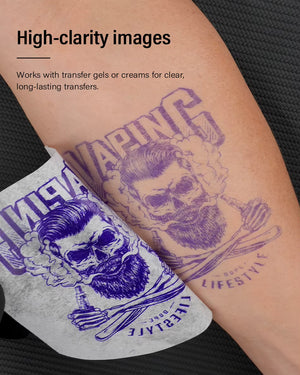 Clear tattoo stencil transferred on skin using carbon paper.