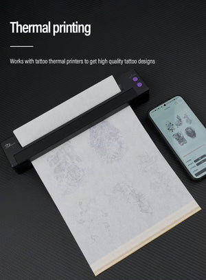 Thermal printer printing tattoo stencil using transfer paper.