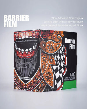 Close-up of Dragonhawk Tattoo Barrier Film box with product features.