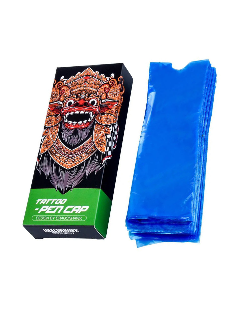Dragonhawk Tattoo Pen Covers with box and stack of blue protective sleeves.