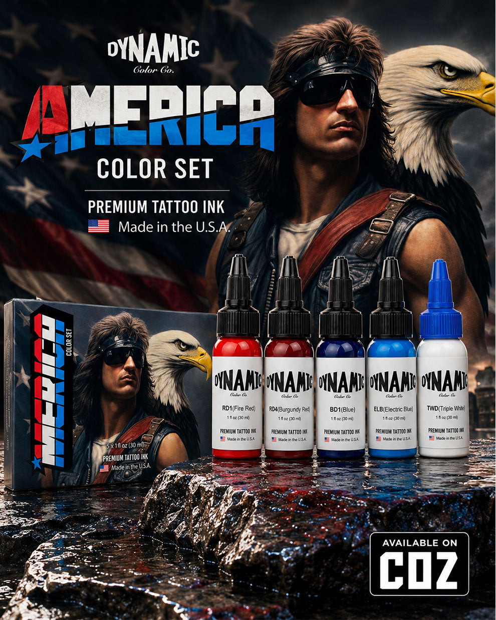 Dynamic America Color Tattoo Ink Set 5 bottles 1oz 30ml each with bottles in front and box behind on patriotic themed background premium tattoo ink set COZ Tattoo Supplies