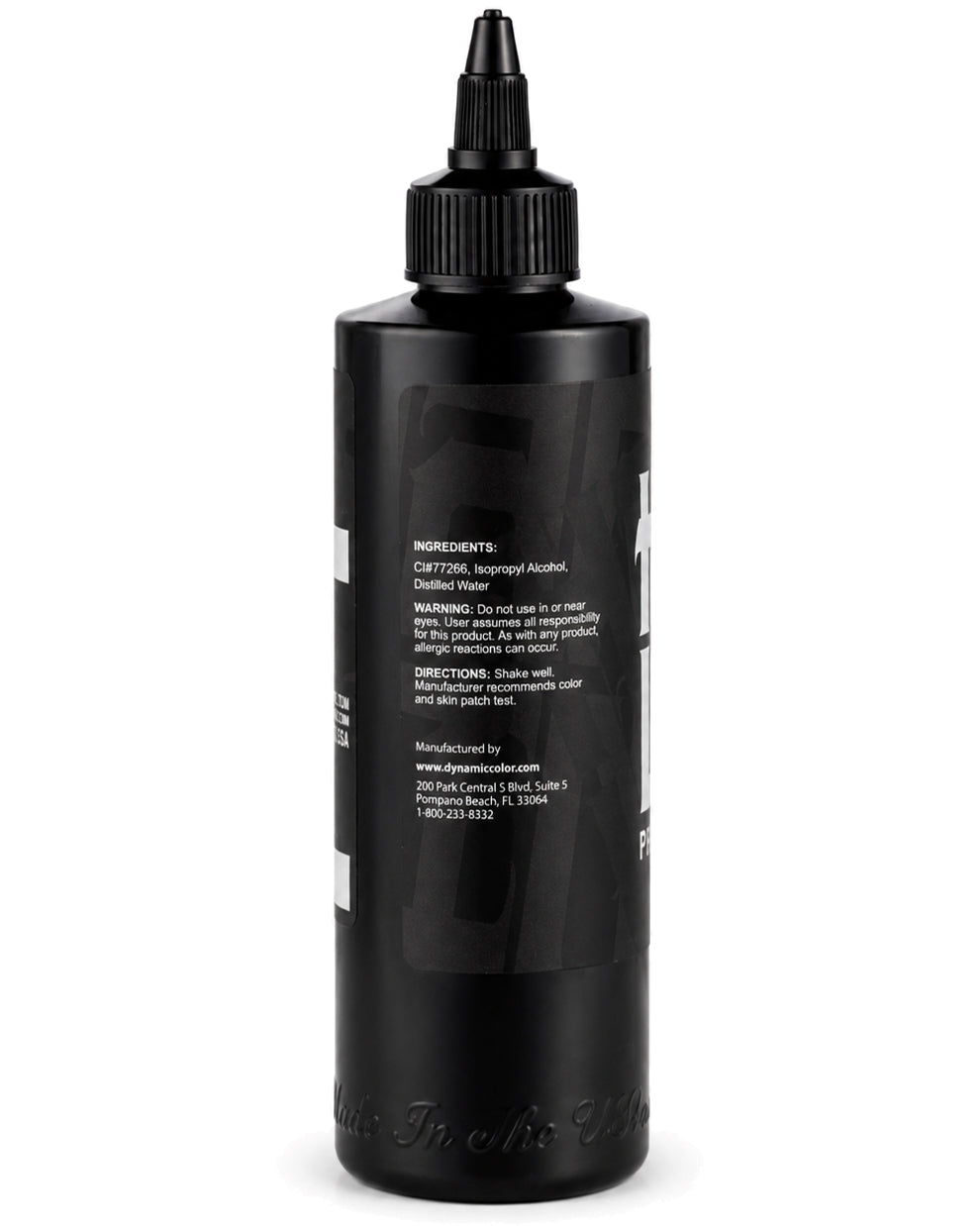 Black tattoo ink bottle with visible label on a white background