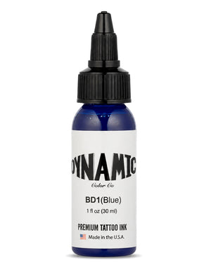 A 1 fl oz (30 ml) blue bottle of Dynamic Color Co. BD1 tattoo ink with a black dropper cap and a white label, shown on a plain white background.
