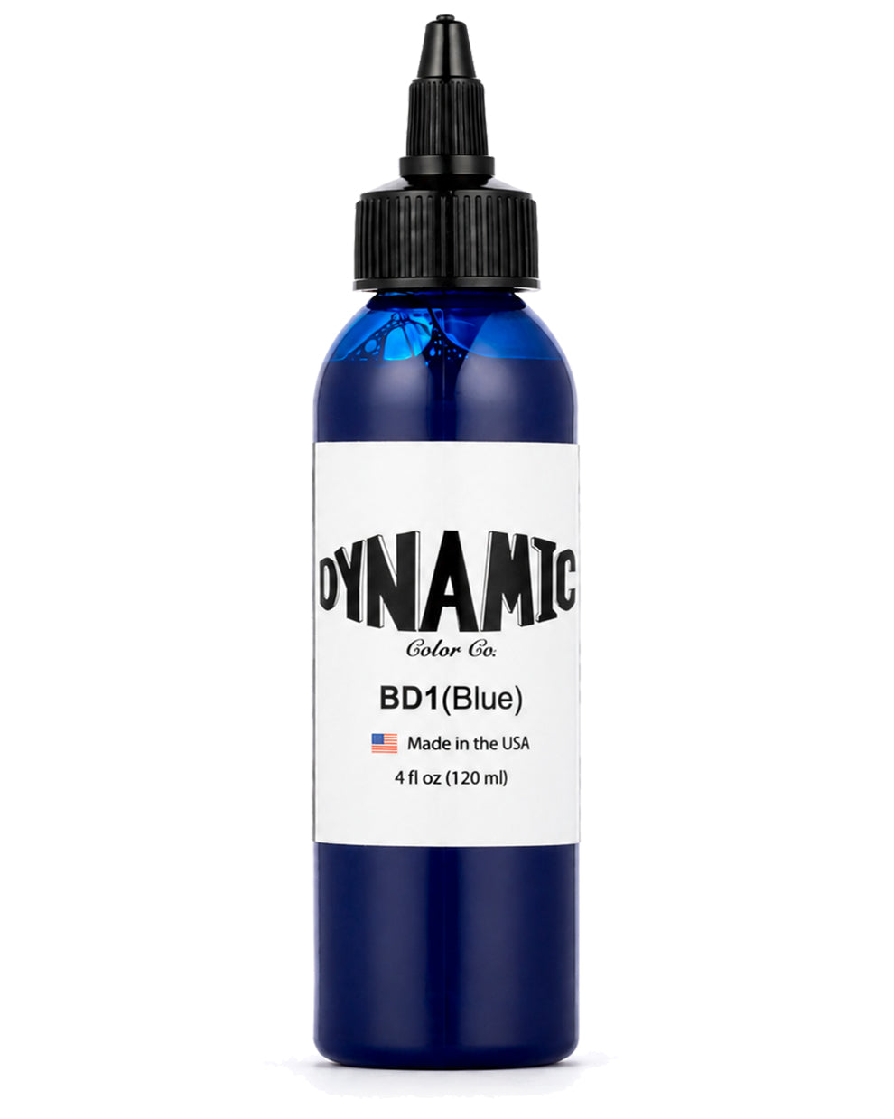 A 4 fl oz (120 ml) blue bottle of Dynamic Color Co. BD1 tattoo ink with a black dropper cap and a white label, shown on a plain white background.