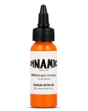A 1 fl oz (30 ml) bottle of Dynamic Color Co. tattoo ink in the shade BRO (Bright Orange), featuring bright orange ink visible through the clear bottle, a white label with black text, and a black plastic dropper cap, set against a plain white background.