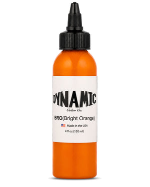 A 4 fl oz (120 ml) bottle of Dynamic Color Co. tattoo ink in the shade BRO (Bright Orange), featuring bright orange ink visible through the clear bottle, a white label with black text, and a black plastic dropper cap, set against a plain white background.