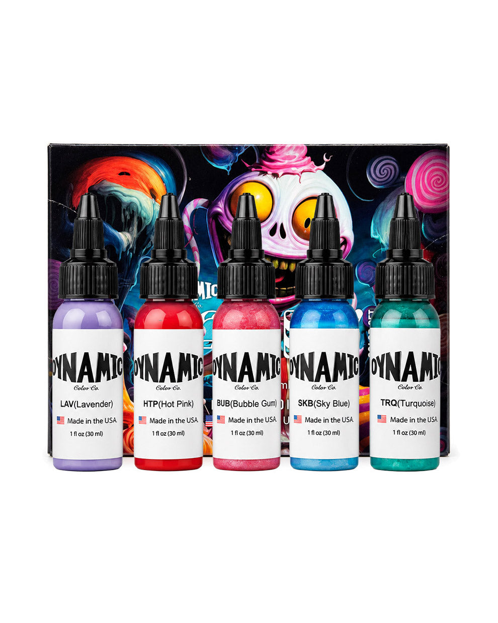Dynamic Candy Color Tattoo Ink Set 5 bottles 1oz 30ml each with bottles in front and box behind bright candy tone tattoo ink set for bold colorful designs COZ Tattoo Supplies