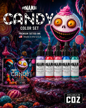 Dynamic Candy Color Tattoo Ink Set 5 bottles 1oz 30ml each with bottles in front and box behind on candy themed background premium tattoo ink set COZ Tattoo Supplies
