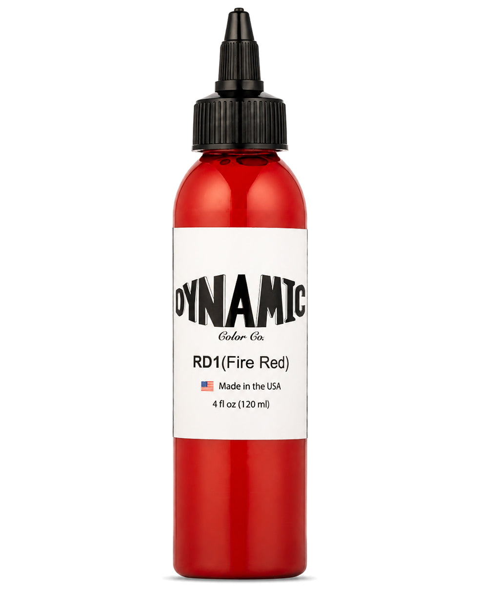 Red bottle of Dynamic Color Co. RD1 Fire Red4oz 120ml color on a white background
