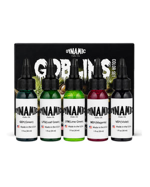 Dynamic Goblins Color Tattoo Ink Set 5 bottles 1oz 30ml each with bottles in front and box behind bold fantasy inspired tattoo ink set for standout color work COZ Tattoo Supplies