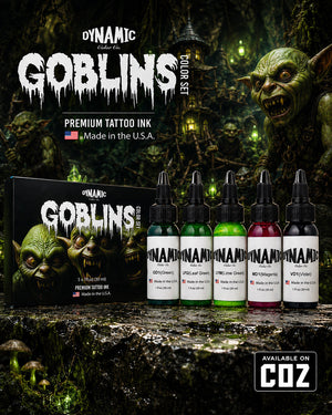 Dynamic Goblins Color Tattoo Ink Set 5 bottles 1oz 30ml each with bottles in front and box behind on goblin themed background premium tattoo ink set COZ Tattoo Supplies