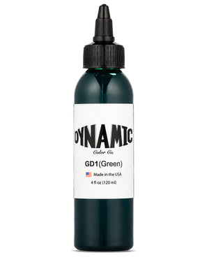 A 4 fl oz 120ml bottle of Dynamic Color Co. GD1 (Green) tattoo ink, featuring a dark green bottle, black cap, and a white label with black text, set against a plain white background.