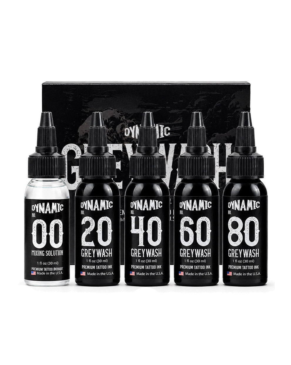 Dynamic Greywash Tattoo Ink Set 5 bottles 1oz 30ml each professional greywash ink set for smooth shading soft gradients and black and grey tattoo work COZ Tattoo Supplies