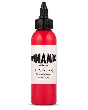 A 4 fl oz (120 ml) bottle of Dynamic Color Co. HTP (Hot Pink) ink, featuring a bright red bottle, a white label with black text, and a black plastic squeeze cap, set against a plain white background.