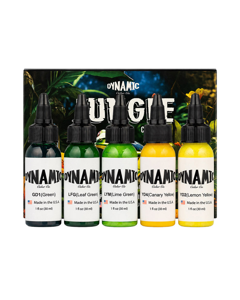Dynamic Jungle Color Tattoo Ink Set 5 bottles 1oz 30ml each with bottles in front and box behind bold tattoo ink set for tropical and vibrant color designs COZ Tattoo Supplies