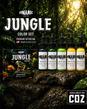 Dynamic Jungle Color Tattoo Ink Set 5 bottles 1oz 30ml each with bottles in front and box behind on jungle themed background premium tattoo ink set COZ Tattoo Supplies