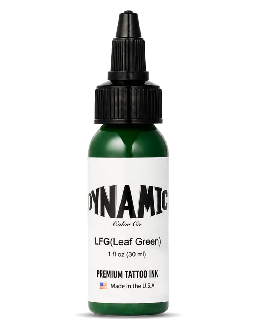 A 1 fl oz (30 ml) bottle of Dynamic Color Co. LFG (Leaf Green) premium tattoo ink, featuring a dark green bottle, white label, and black cap, on a white background.