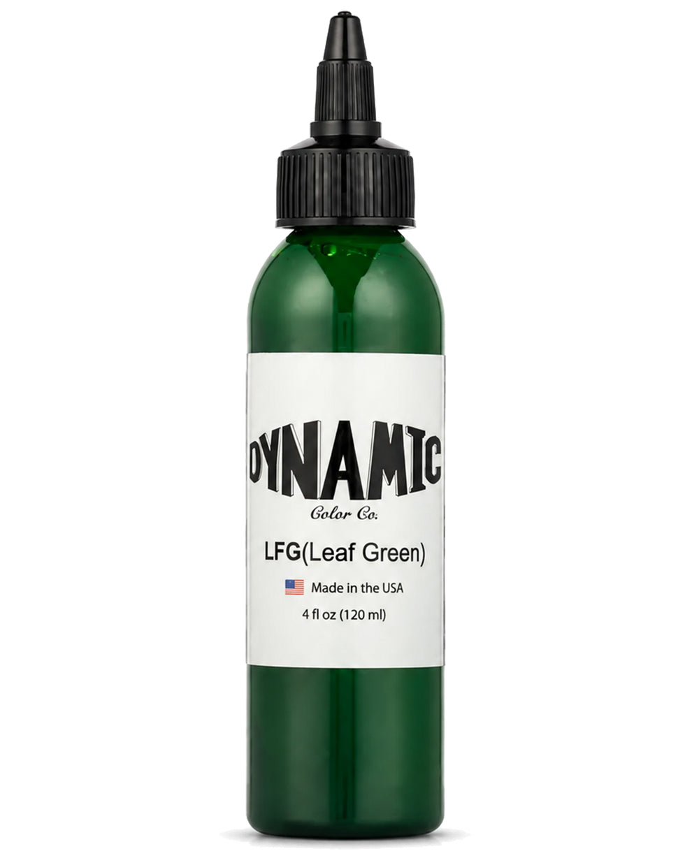 A 4 fl oz (120 ml) green bottle of Dynamic Color Co. LFG (Leaf Green) ink with a black cap and white label, shown on a white background.