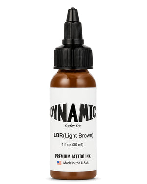 A 1 fl oz (30 ml) bottle of Dynamic Color Co. LBR (Light Brown) premium tattoo ink, featuring a white label and a black dropper cap, set against a plain white background.