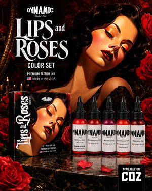 Dynamic Lips and Roses Color Tattoo Ink Set 5 bottles 1oz 30ml each with bottles in front and box behind on roses themed background premium tattoo ink set COZ Tattoo Supplies