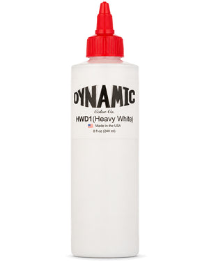 A of Dynamic Color Co. HWD1 (Heavy White) (8 fl) 240 ml bottle premium tattoo ink in a clear bottle on a white background