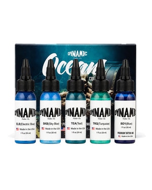Dynamic Oceans Color Tattoo Ink Set 5 bottles 1oz 30ml each with bottles in front and box behind ocean inspired tattoo ink set for cool vibrant color work COZ Tattoo Supplies