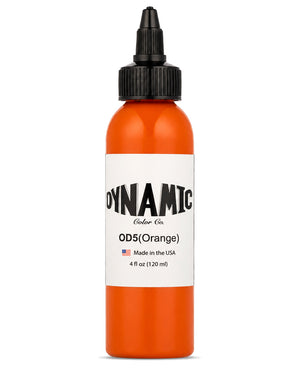 A bottle of Dynamic Color Co. Premium Tattoo Ink in shade OD5 Orange 4 fl oz(120ml), featuring bright orange ink visible through the clear bottle, a white label, and a black dropper cap, set against a plain white background.