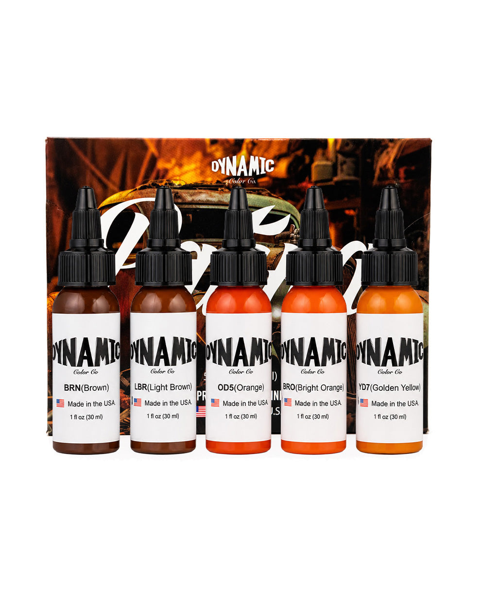 Dynamic Patina Color Tattoo Ink Set 5 bottles 1oz 30ml each with bottles in front and box behind unique tattoo ink set for muted and artistic color palettes COZ Tattoo Supplies