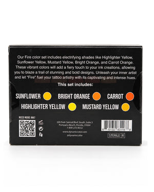 The back of a black product box for a sterile fire ink set, showing descriptive text, a QR code, and color circles labeled Sunflower, Bright Orange, Carrot, and Highlighter Yellow colors.