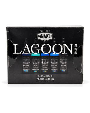 A 5-piece Dynamic Lagoon Premium Tattoo Ink color set in its original black retail box, featuring four small bottles of ink with blue, teal, and dark blue caps visible through a clear window.