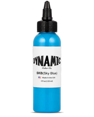 A 4 fl oz (120 ml) bottle of Dynamic Color Co. SKB (Sky Blue) ink, featuring a bright blue liquid inside a translucent bottle with a black cap and a white label.
