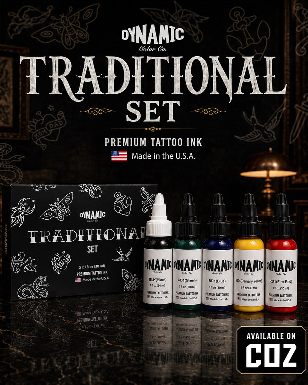 Dynamic Traditional Color Tattoo Ink Set 5 bottles 1oz 30ml each with bottles in front and box behind on traditional tattoo themed background premium tattoo ink set COZ Tattoo Supplies