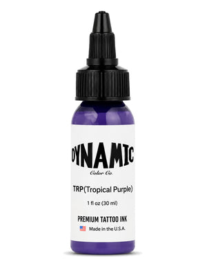 A bottle of Dynamic Color Co. TRP (Tropical Purple) premium tattoo ink, 1 fl oz (30 ml), featuring a purple bottle, black cap, and white label on a white background.
